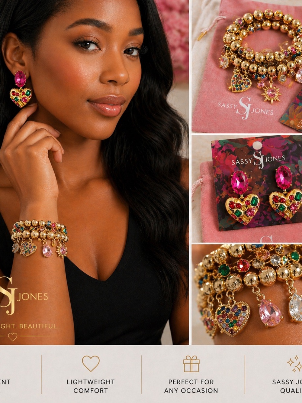 Sassy Jones Jewelry Set Heart earrings and Charm Bracelet -Mother’s Day Gift!